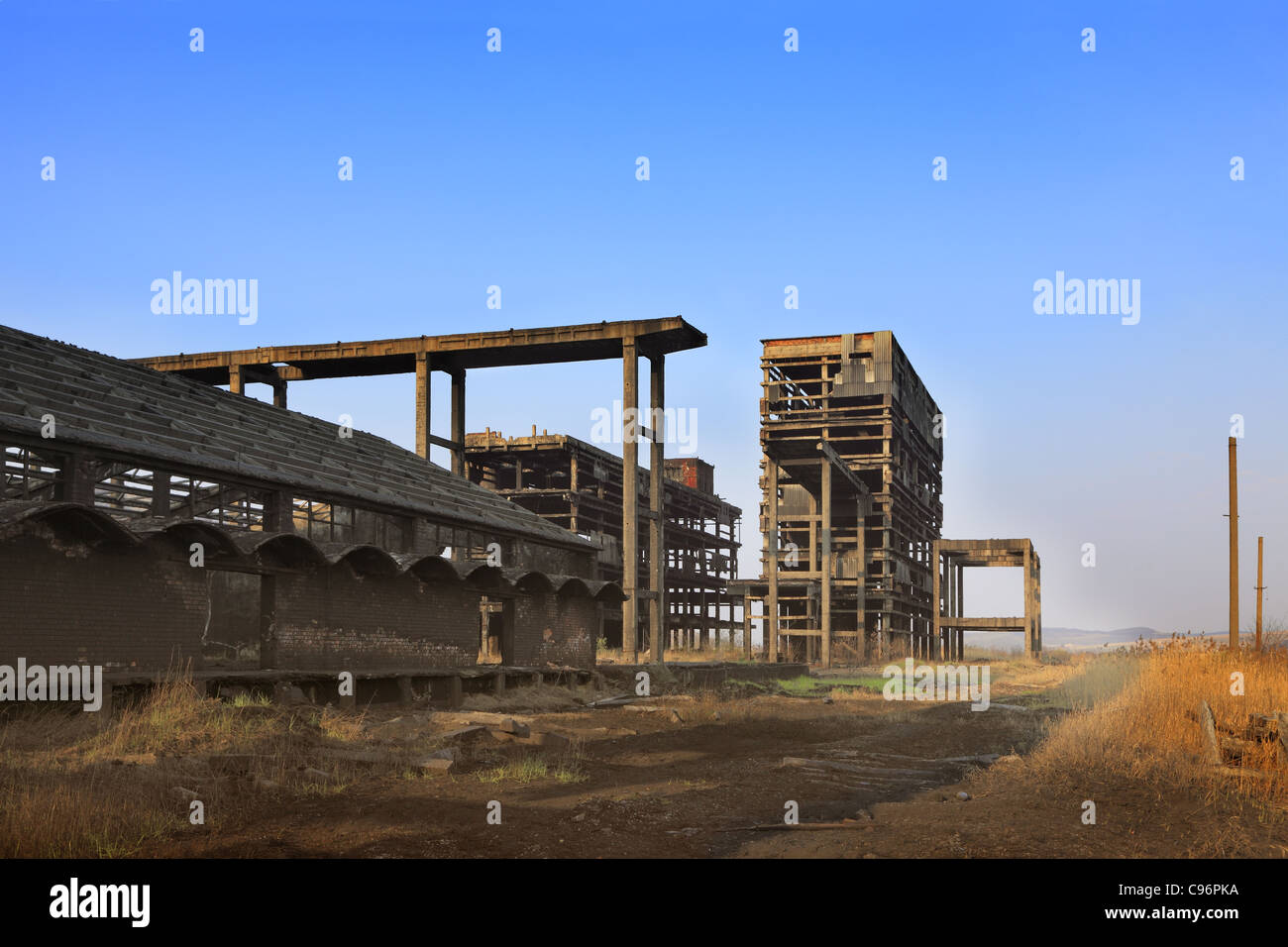 Ruins of a very heavily polluted industrial site at Copsa Mica,Romania. Stock Photo