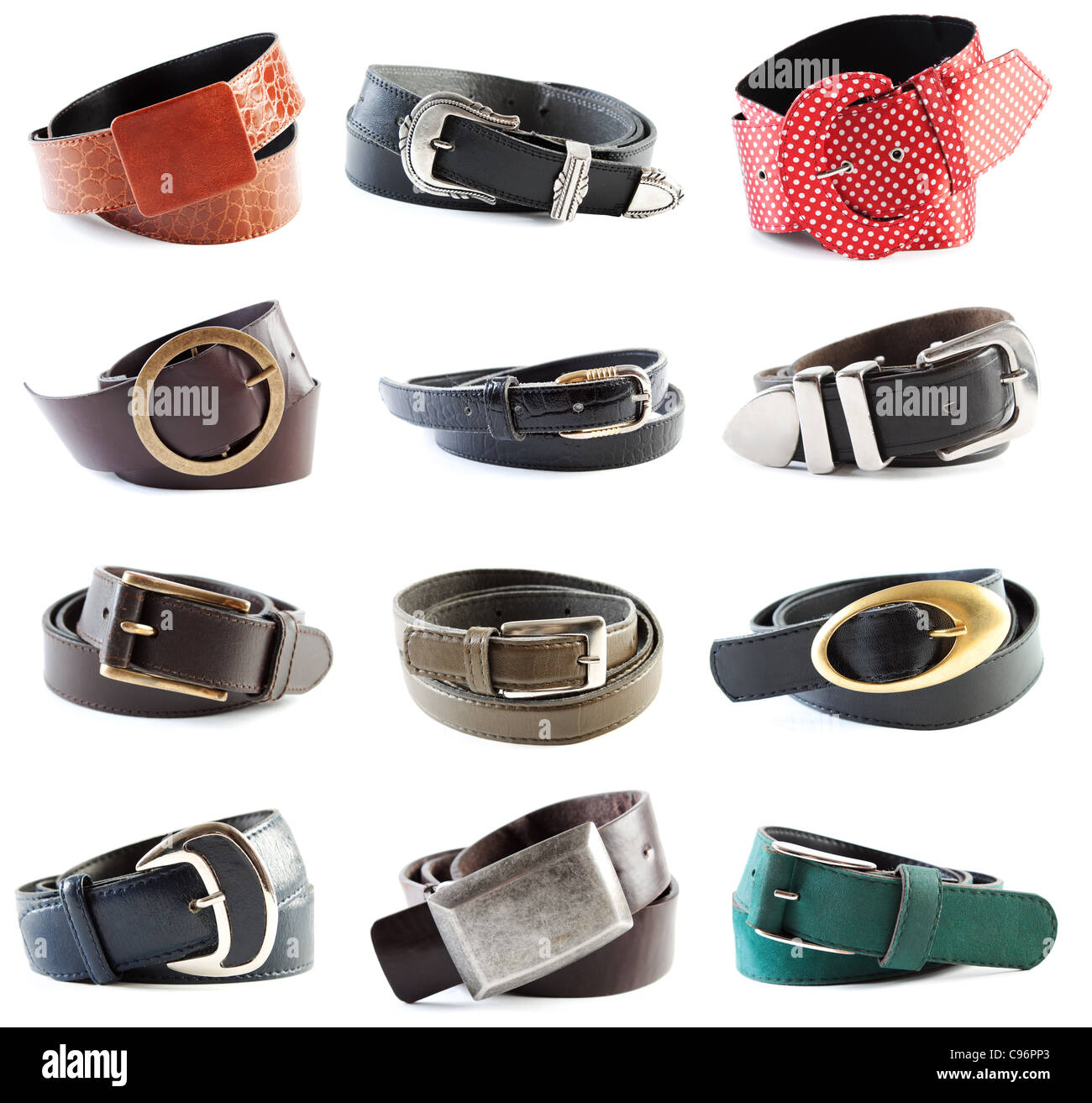 Female and male belts collection. Old and new ones isolated over white background Stock Photo