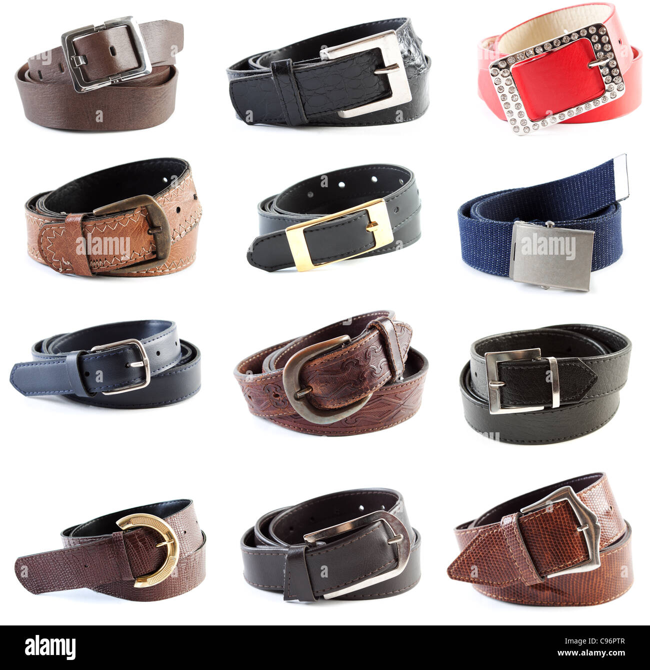 Female and male belts collection. Old and new ones isolated over white background Stock Photo