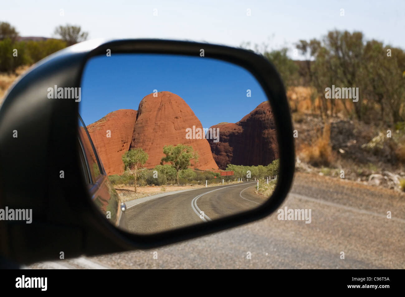 The rock domes of Kata Tjuta (The Olgas) in rear vision mirror.  Uluru-Kata Tjuta National Park, Northern Territory, Australia Stock Photo
