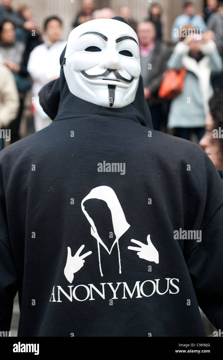 Protester at St Paul's, part of Occupy London wearing a Guy Fawkes mask