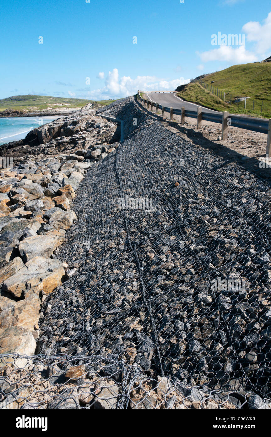 Coast protection works at Tràigh Tuath on the west coast of the Isle of Barra in the Outer Hebrides, Scotland Stock Photo