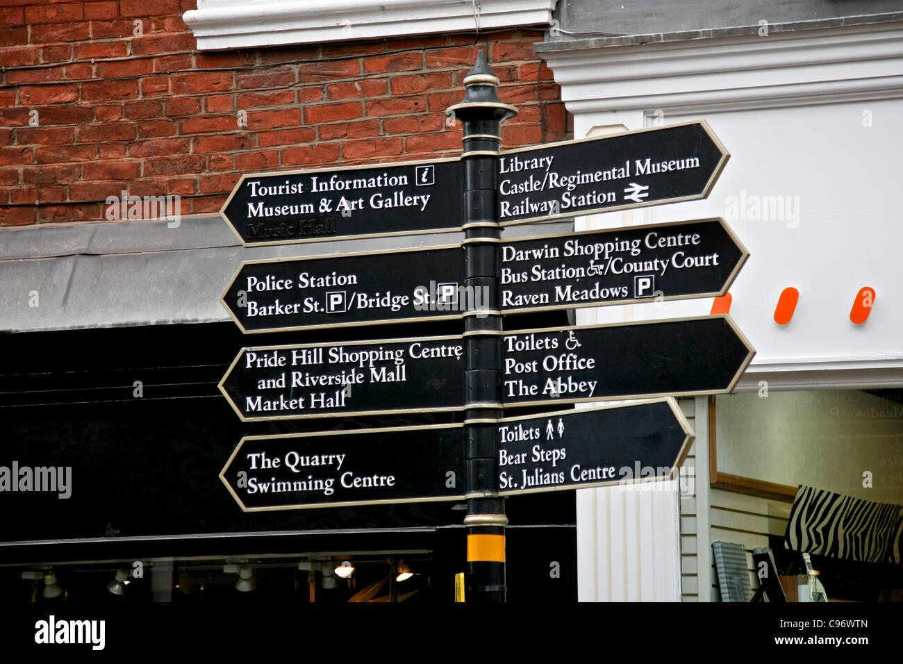 Tourist Signpost in the centre of the borders town of Shrewsbury Stock