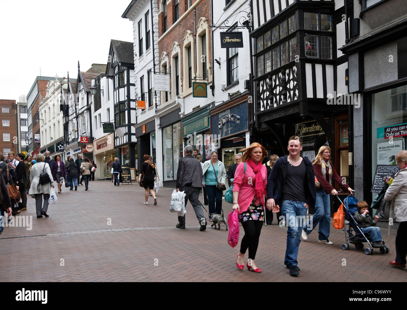 Pride Hill, a busy shopping street in the town of Shrewsbury Stock