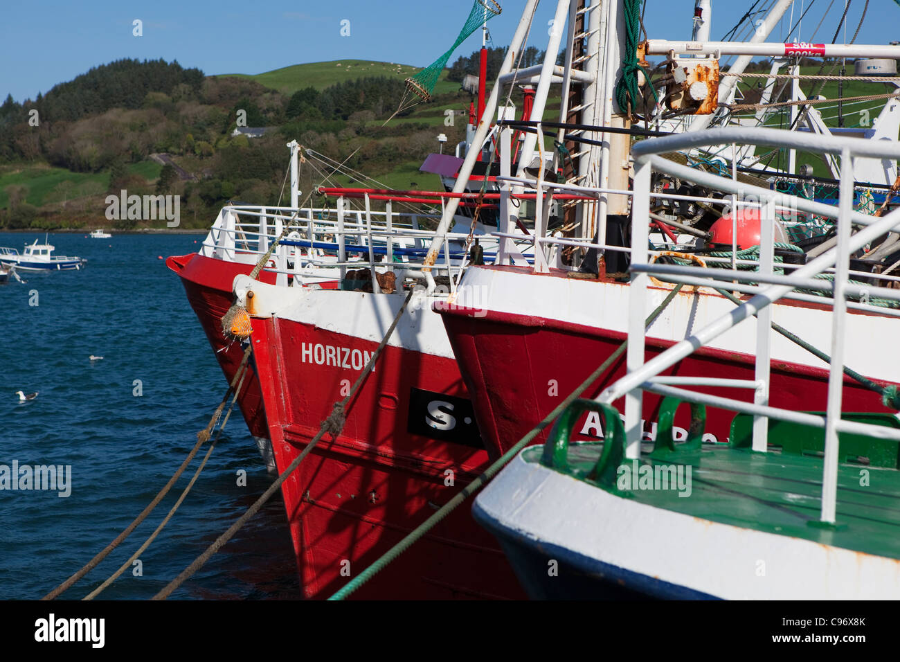 Fishing boats in the village Union Hall, West Cork, Ireland. Union Hall is synonymous with fresh fish. Stock Photo