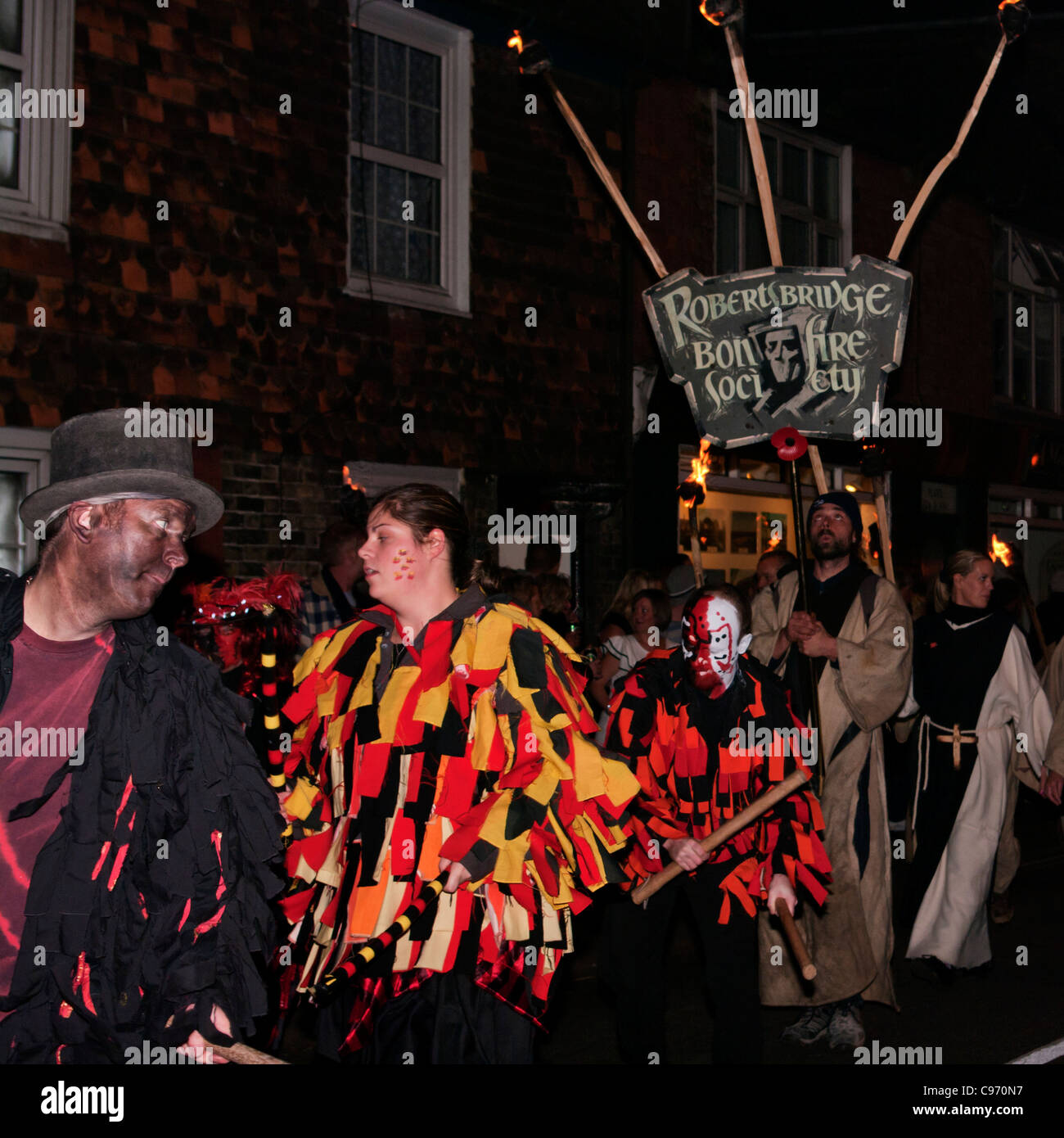 Robertsbridge Bonfire Society Banner Lewes Being Carried During The Rye Bonfire Society Street Parade East Sussex England Stock Photo