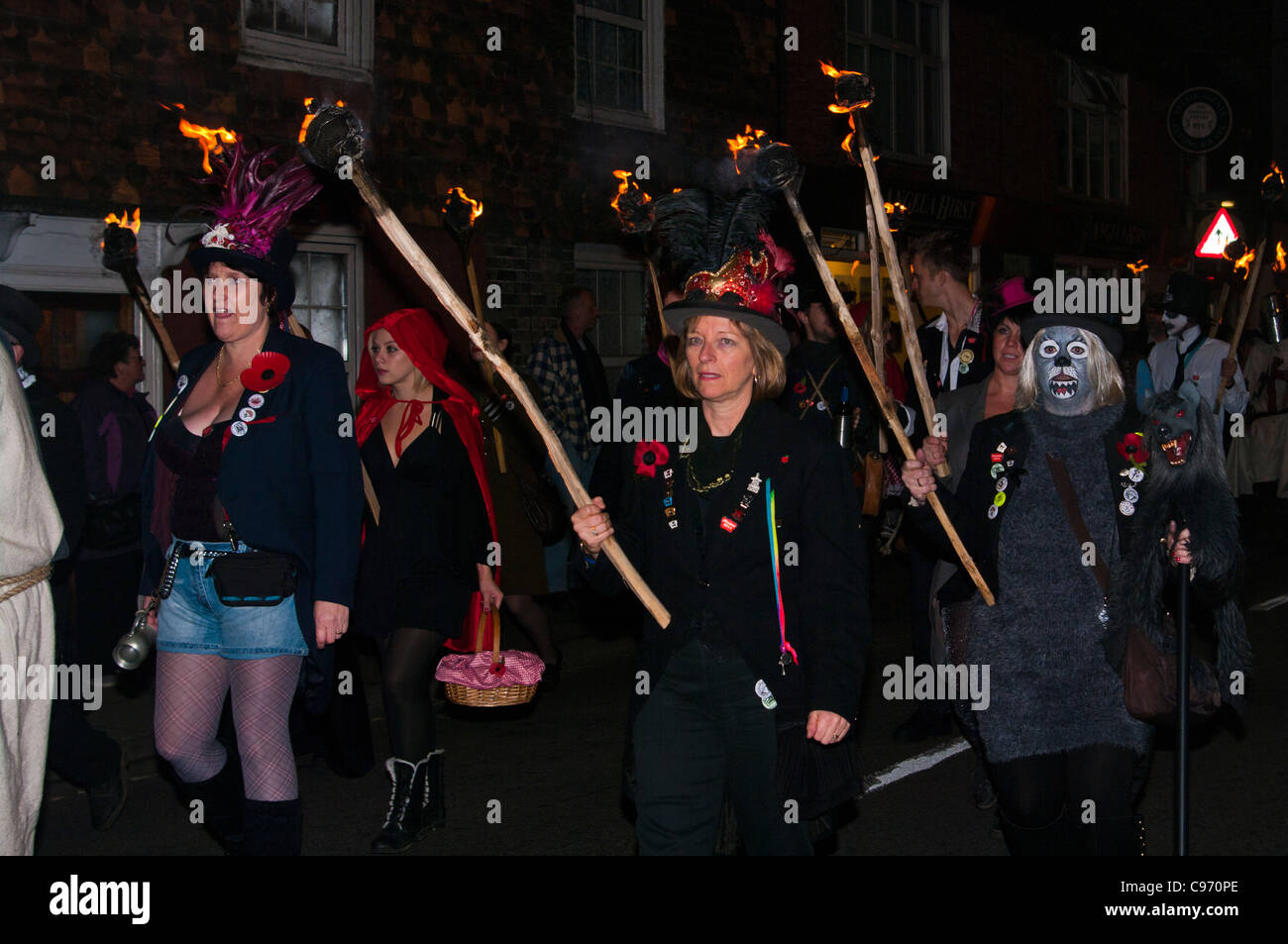 Torchbearers At The Rye Bonfire Society Street Parade East Sussex England UK Stock Photo