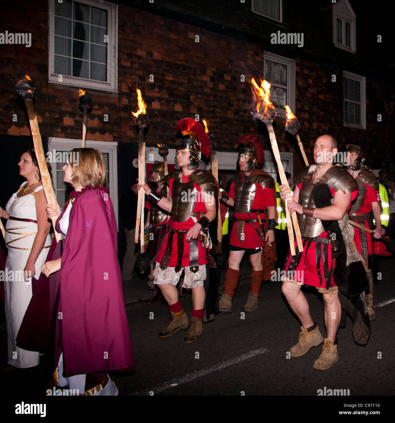 Torchbearers At The Rye Bonfire Society Street Parade East Sussex England UK Stock Photo