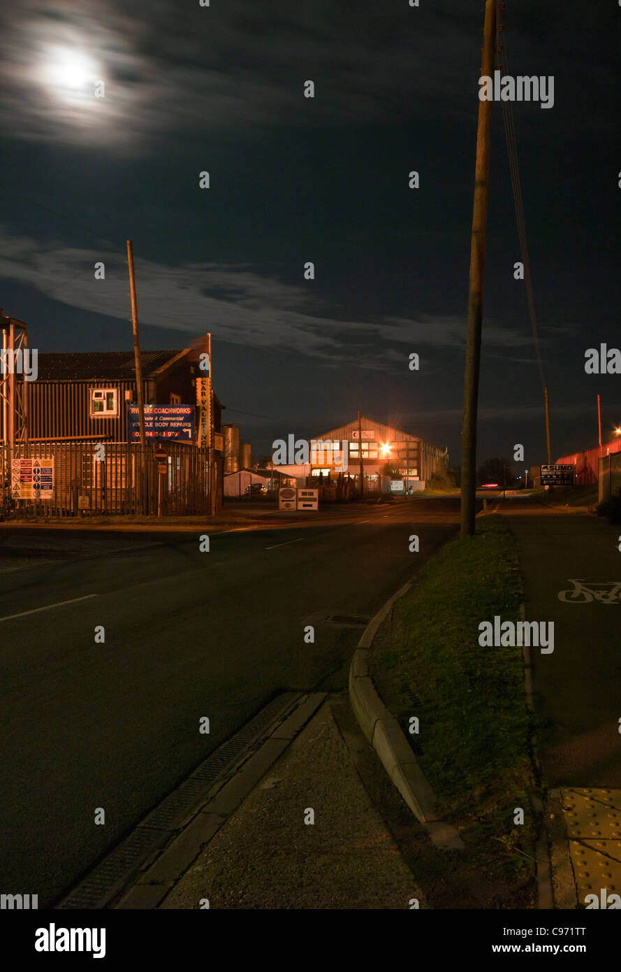 Rye Harbour Road Industrial Area At after dark on a moonlit night time nighttime East Sussex UK Stock Photo