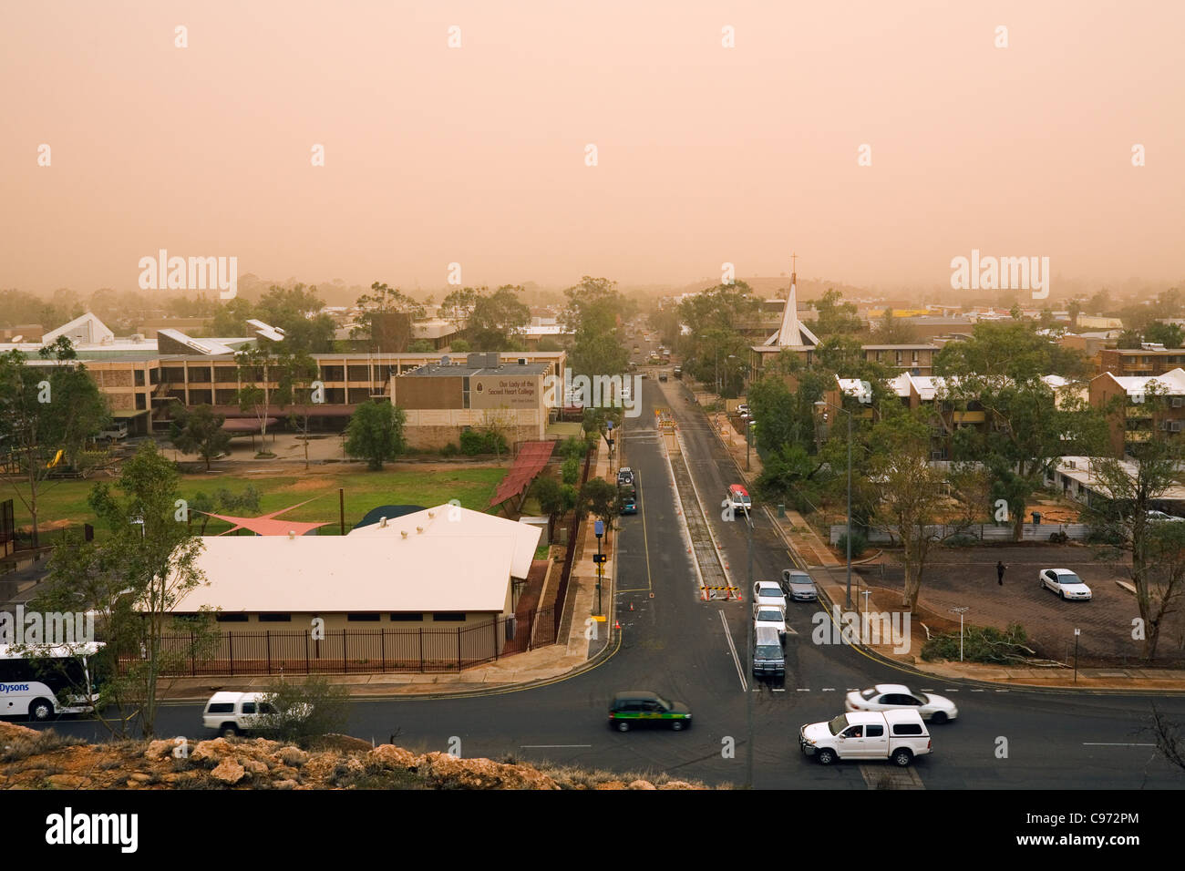 Dust storm passing over the desert town of Alice Springs, Northern Territory, Australia Stock Photo