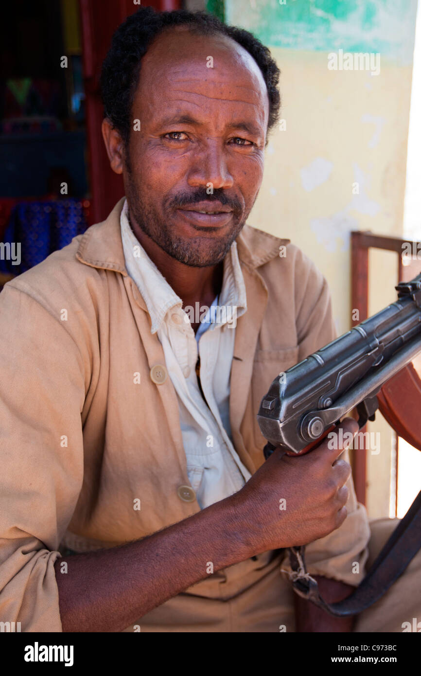 Armed guard at the mountain-top monastery Debre Damo on the Eritrean border in Tigray, Northern Ethiopia, Africa. Stock Photo