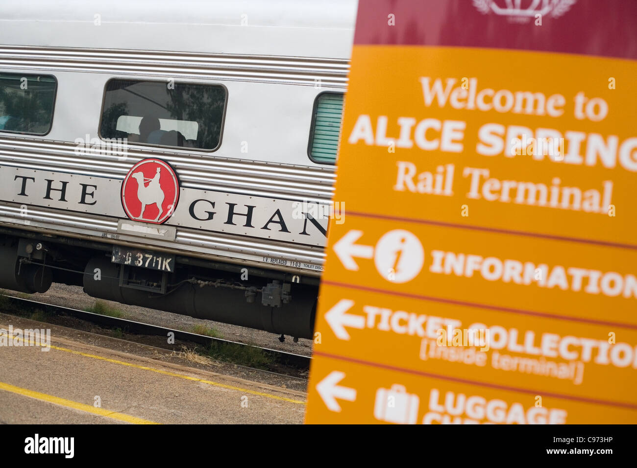 The Ghan passenger train at Alice Springs Station.  Alice Springs, Northern Territory, Australia Stock Photo