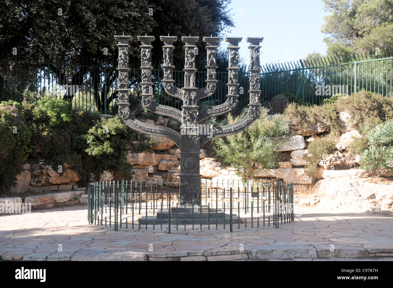 Israel, Jerusalem, The Menorah sculpture by Benno Elkan at the entrance to the knesset, the Israeli parliament, Stock Photo