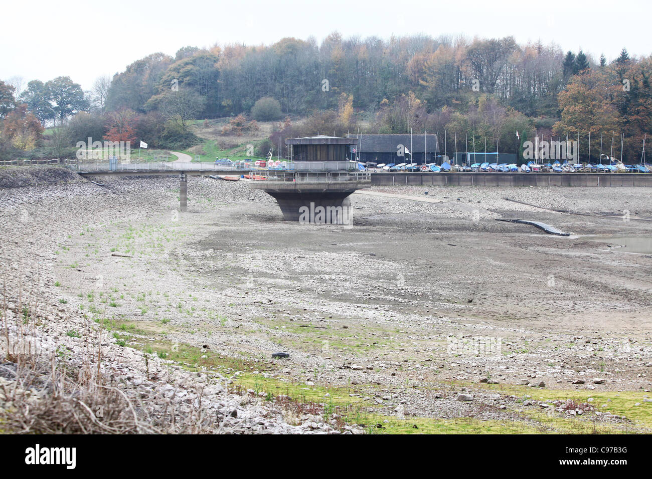 The level of water in Ardingly reservoir in West Sussex looks