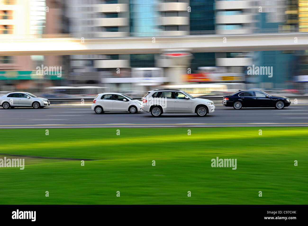 Brisk traffic on Sheikh Zayed Road, Al Satwa, Dubai, United Arab Emirates, Middle East Stock Photo