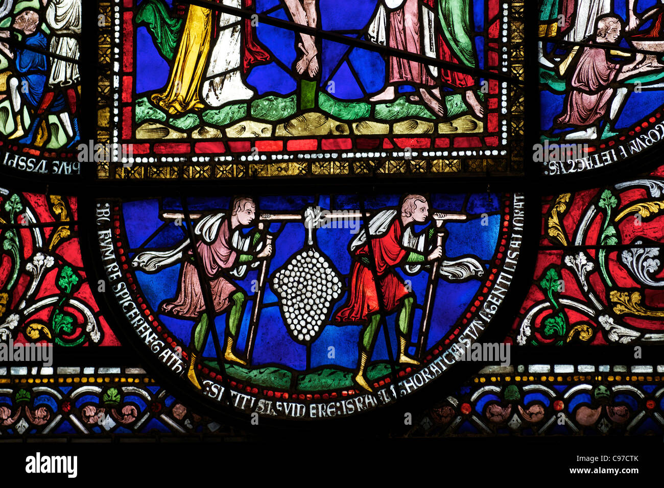 Grapes of Eschol, Corona Redemption Window, East End Corona I, medieval stained glass, Canterbury Cathedral, Kent, England, UK, Stock Photo