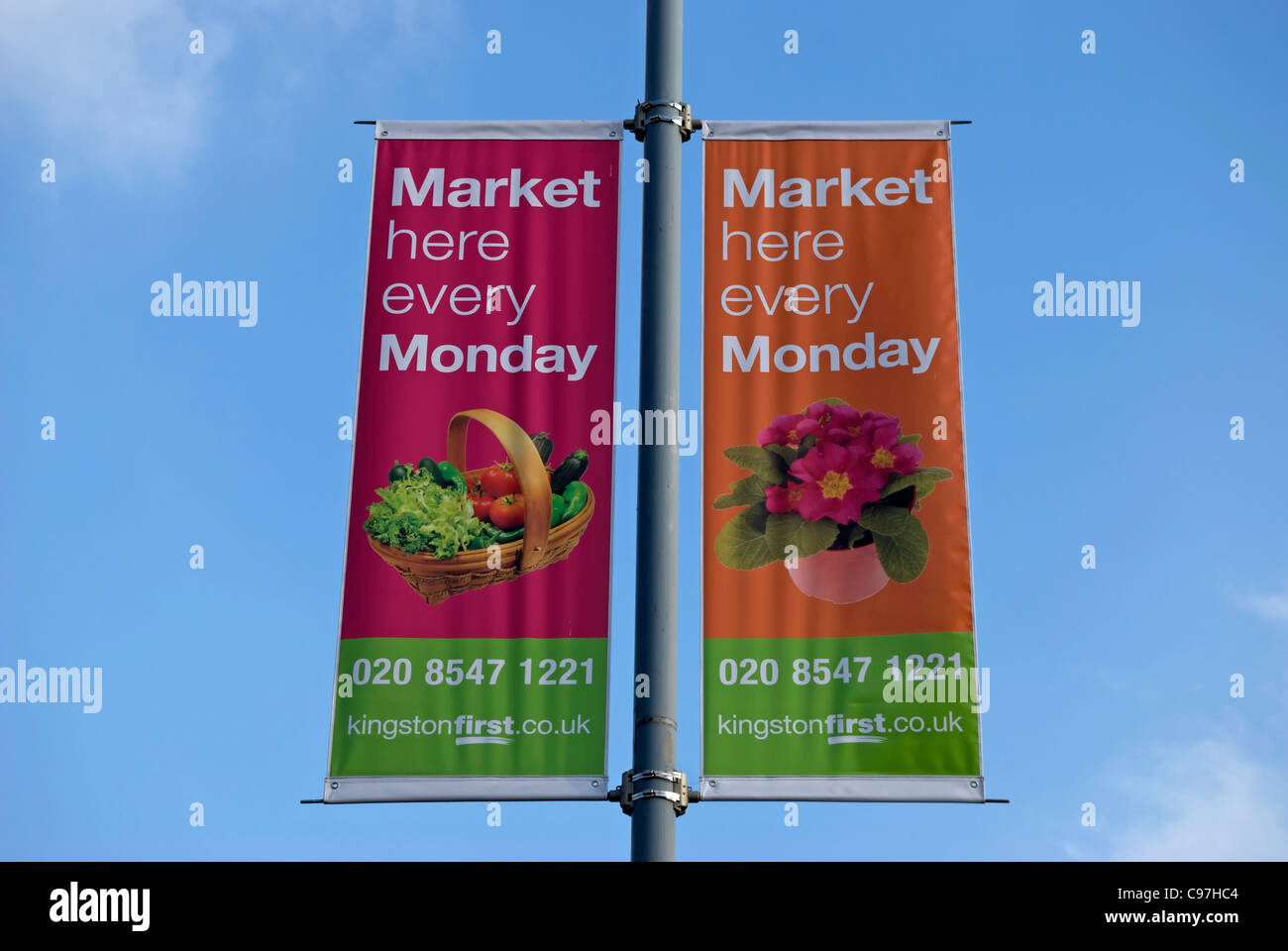 street banners, with images of fruit and vegetables ...