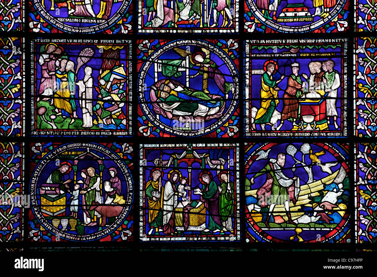 Sixth Typological Window, North Quire Isle, n.XV, medieval stained glass, Canterbury Cathedral, Kent, England, UK, United Kingdo Stock Photo