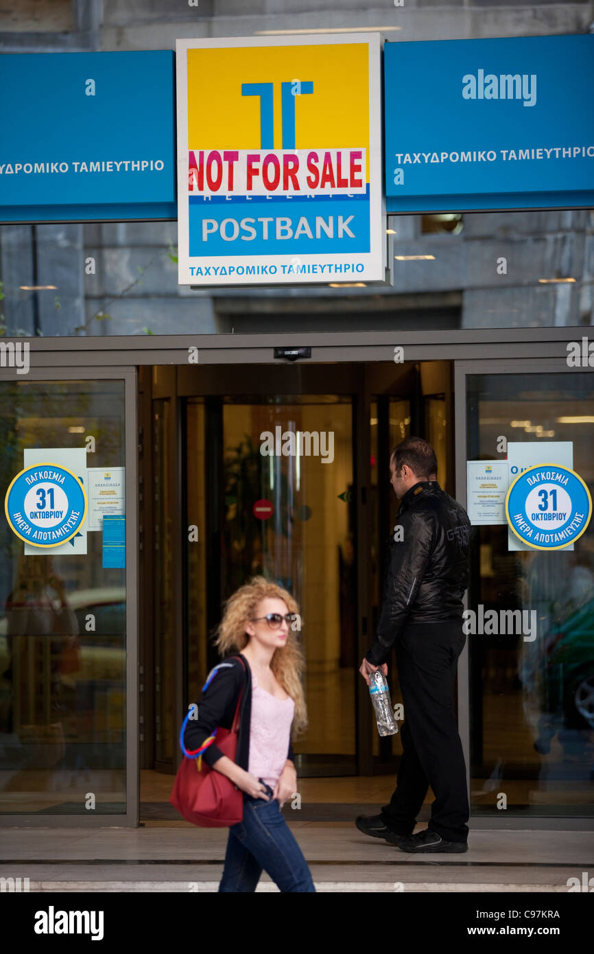 TT Hellenic Postbank with sign Not For Sale during economic downturn in Athens, Greece. Stock Photo