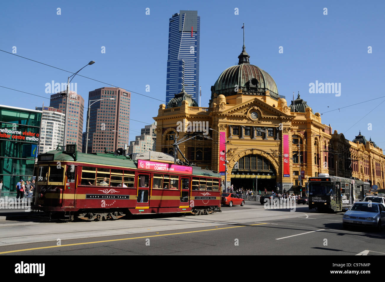One of the eight refurbished W-Class trams (1936 to 1956) operating close to Flinders Rail station in Melbourne in Victoria state, Australia Flinders Stock Photo