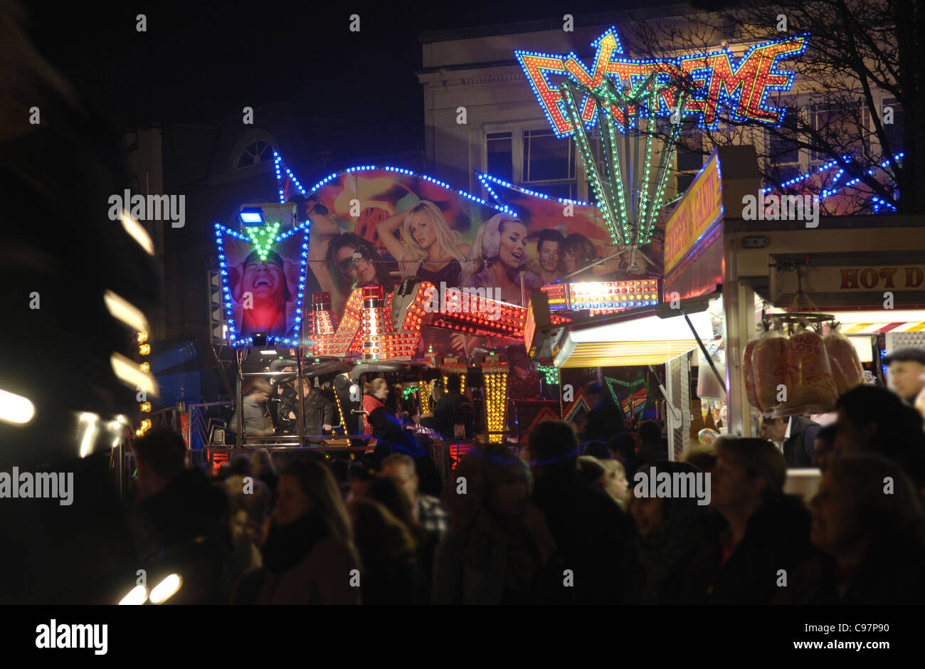 All the lights and colours of Loughborough street fair. The center of the town becomes one massive street fair every November. Stock Photo