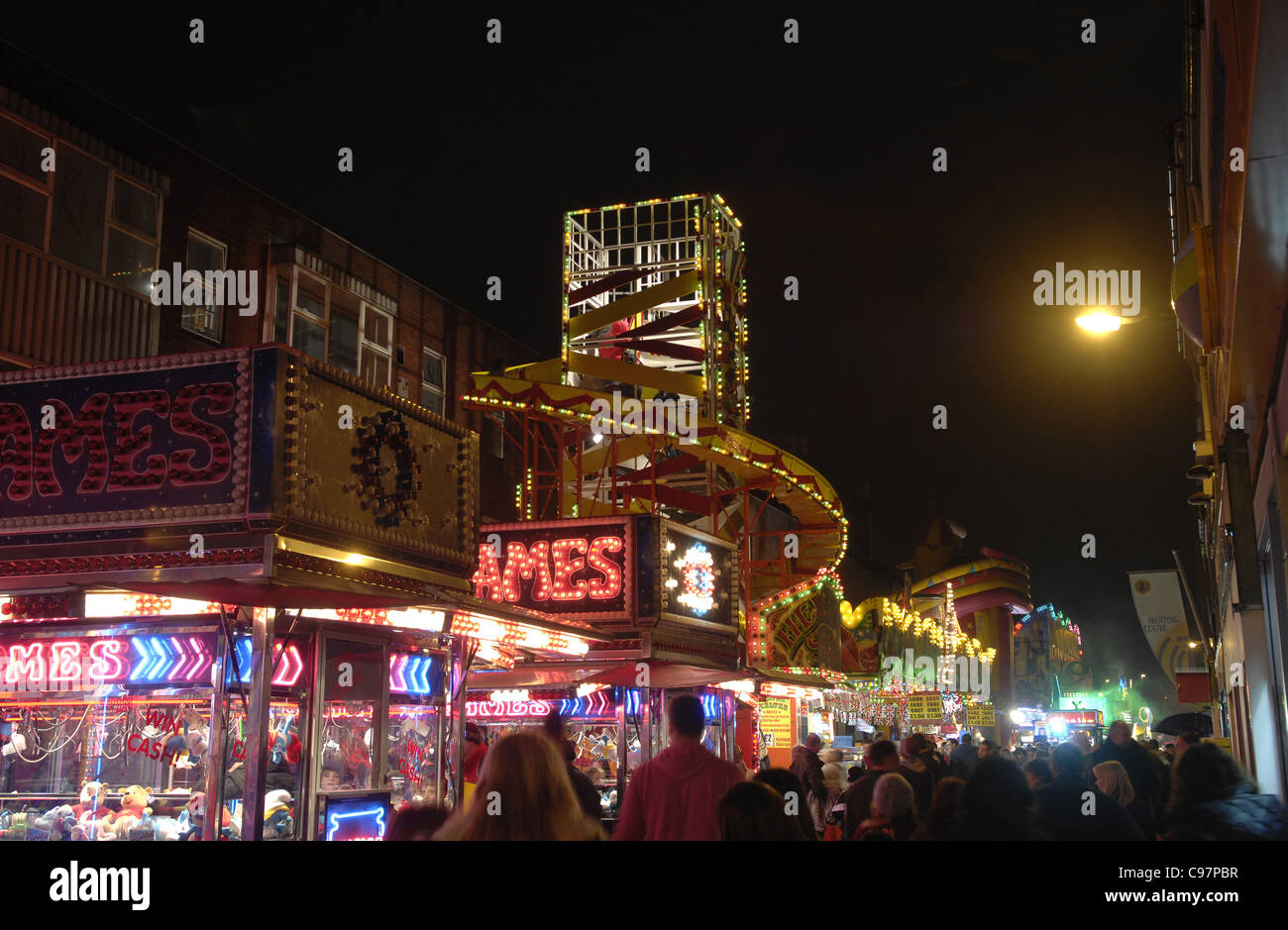 All the lights and colours of Loughborough street fair. The center of