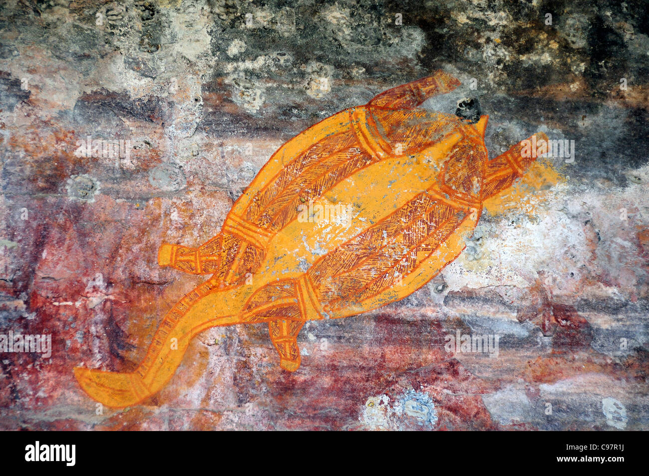 Aboriginal rock painting of a turtle at Ubirr, in the UNESCO World Heritage Site of  Kakadu National Park, Northern Territory, Top End, Australia Stock Photo