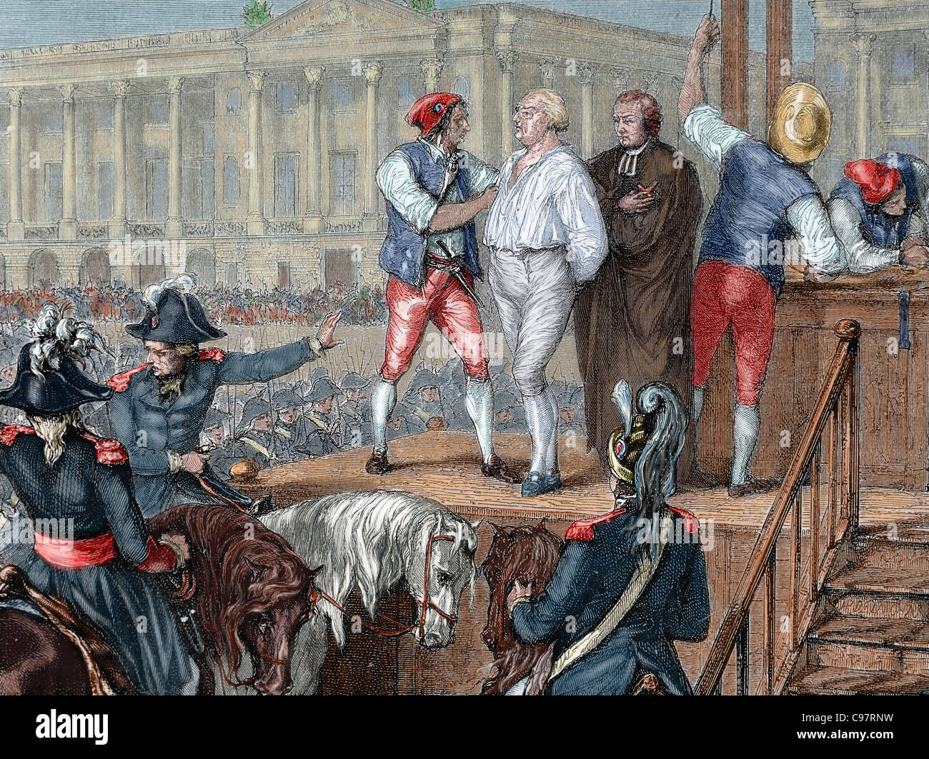 French Revolution. Execution of King Louis XVI (1754-1793) on January 21, 1793. Colored engraving. Stock Photo