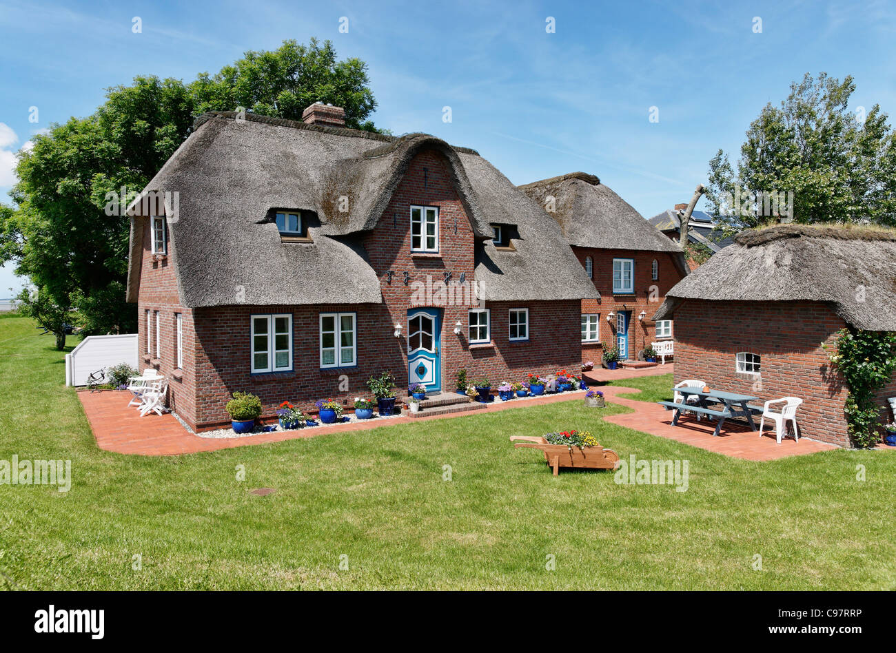 House with thatched roof, Honkenswarf, Hallig Langeness, North Sea