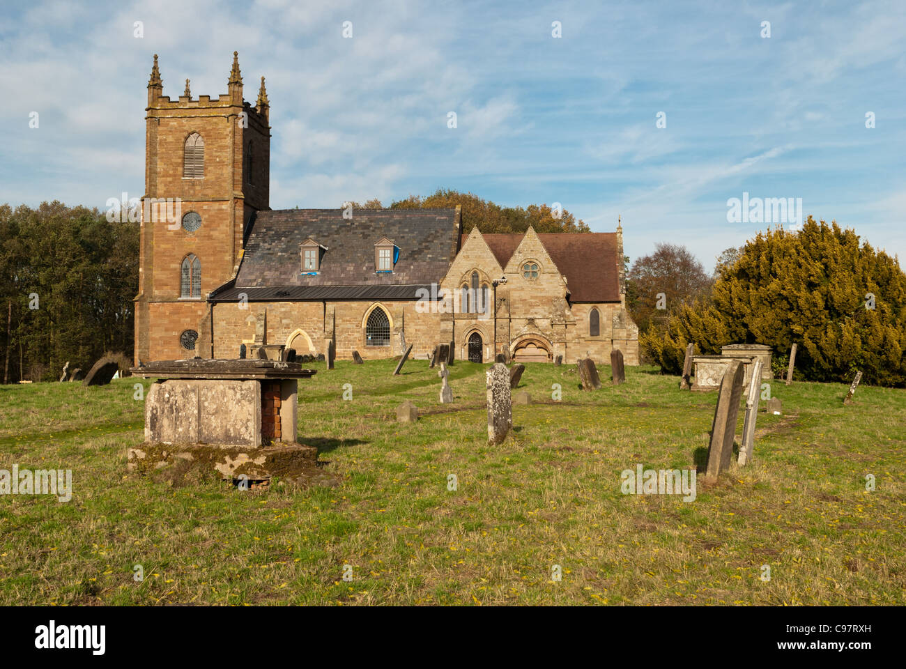 Hanbury church in worcestershire lit by autumn sunlight Stock Photo