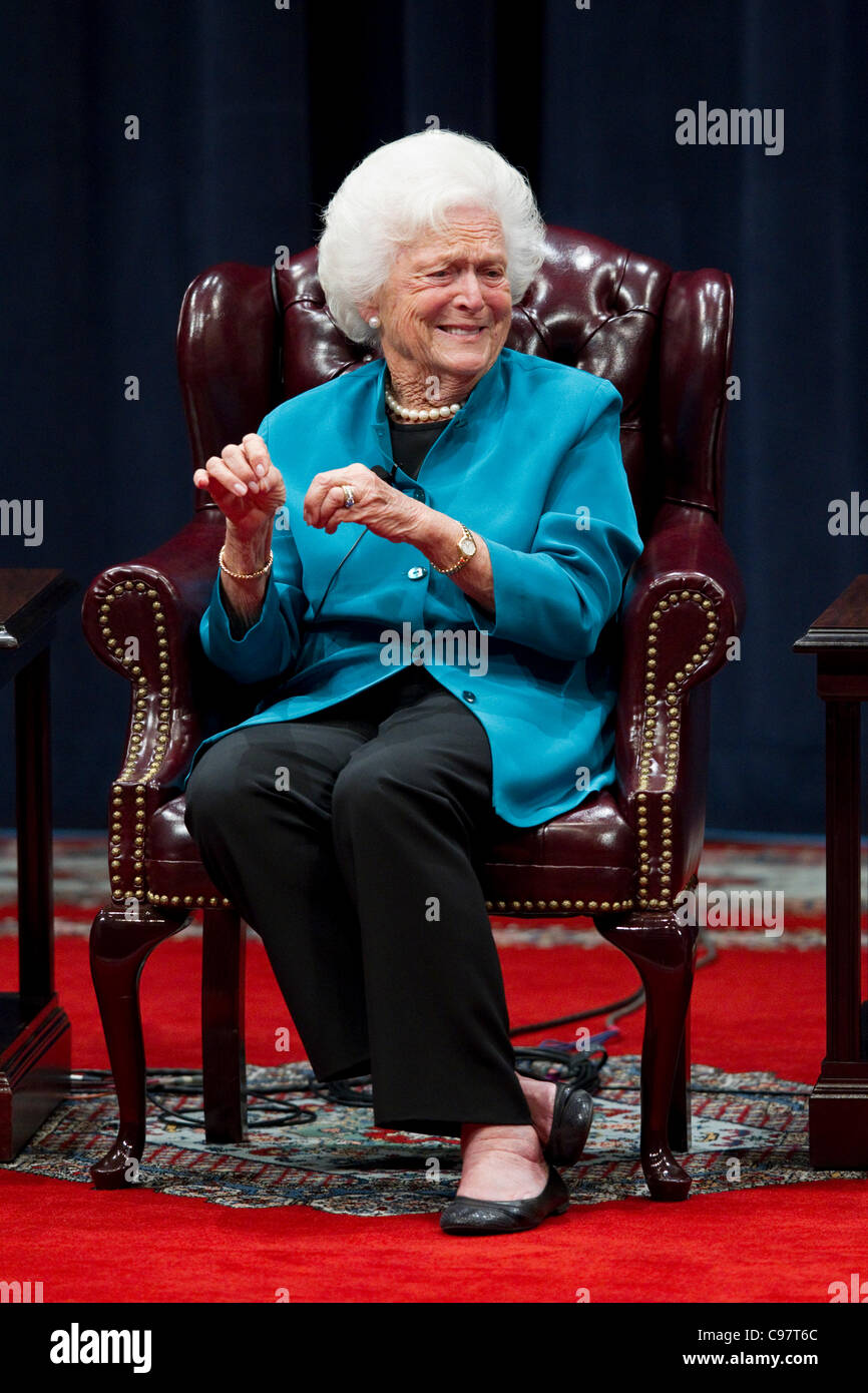 Former U.S. First Lady Barbara Bush discusses her White House experience during a day-long symposium titled 'America's First Lad Stock Photo
