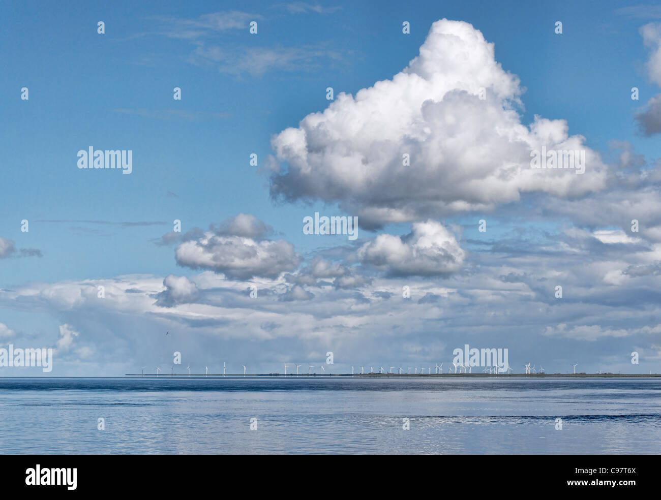 View across the North Sea, Wind park in the distance, Dagebuell, Schleswig-Holstein, Germany Stock Photo