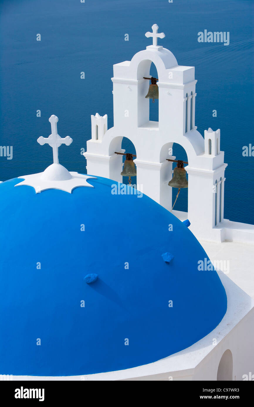 Blue dome of Greek Orthodox church &amp;amp;amp; bell tower, Fira, Santorini, Greece, Europe Stock Photo