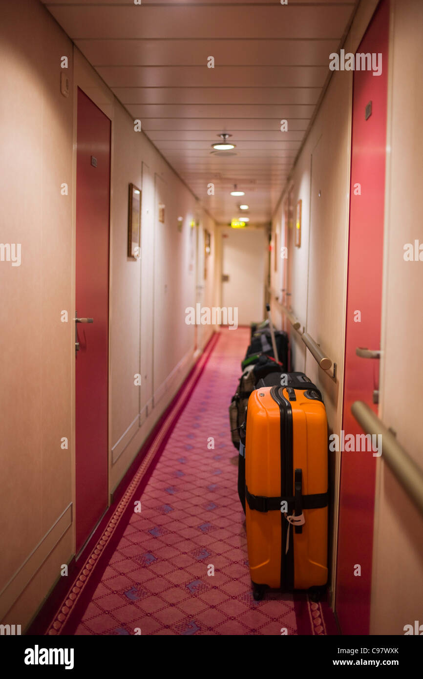 Suitcases in the hallway aboard the cruiseship MS Delphin, Adriatic Sea, near Croatia, Europe Stock Photo