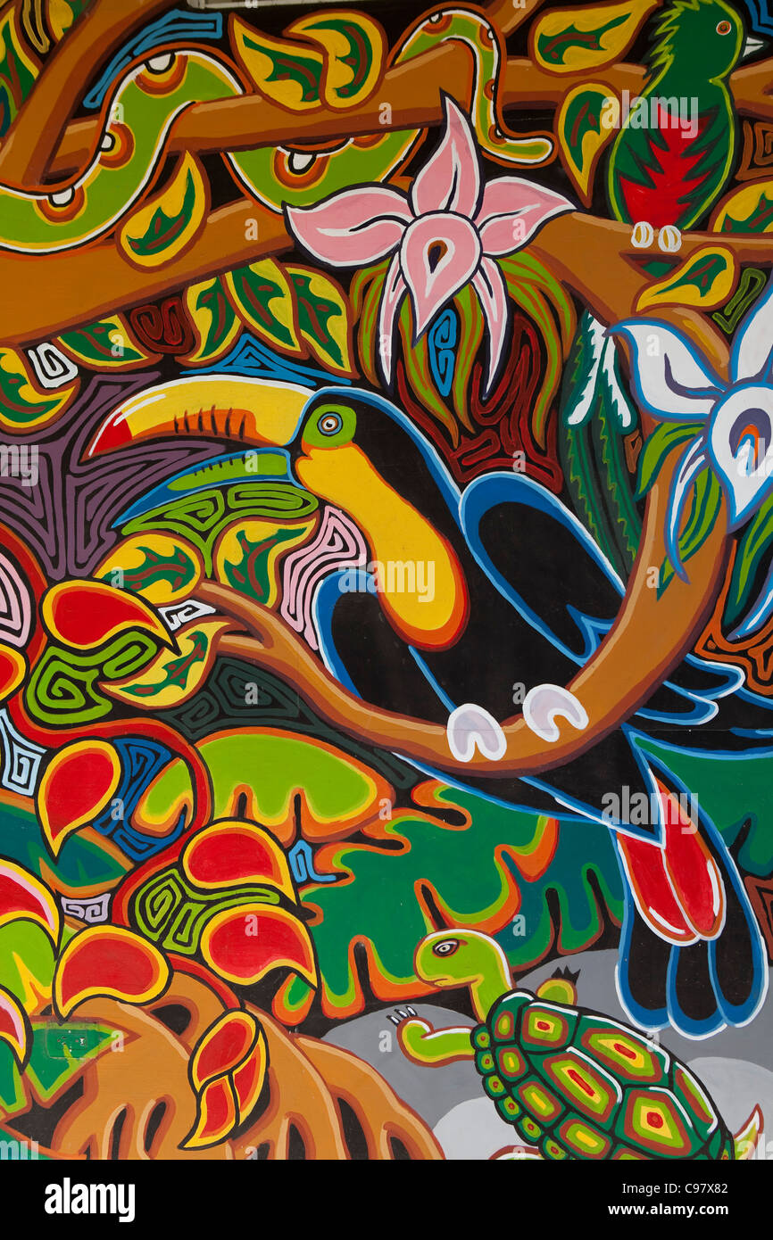 Colorful mural depicting Costa Rican wildlife outside souvenir shop, Cebadilla, Puntarenas, Costa Rica, Central America, America Stock Photo