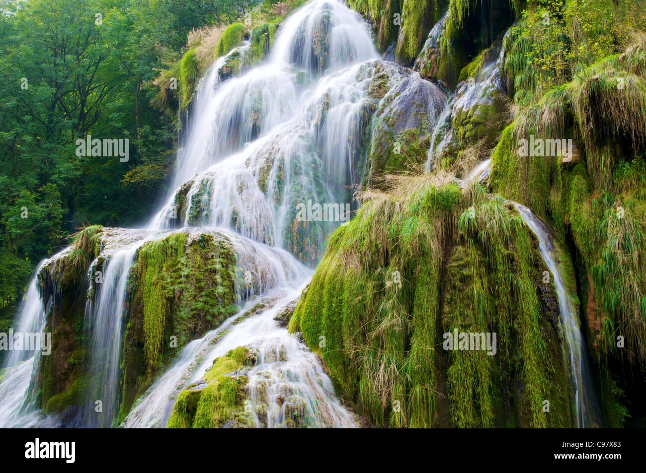 The cascading water falls of Baume-les-Messieurs. Stock Photo