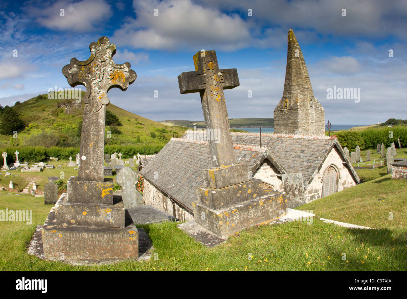 St Enodoc Church; cemetery; looking towards Camel Estuary; Cornwall; UK; taken with a fish eye lens Stock Photo