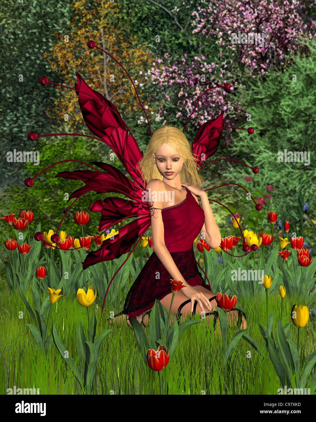 Tulip Fairy with Spring Background Stock Photo