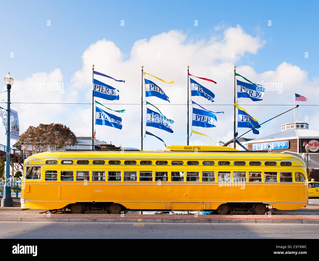 Yellow streetcar at Pier 39, San Francisco Stock Photo