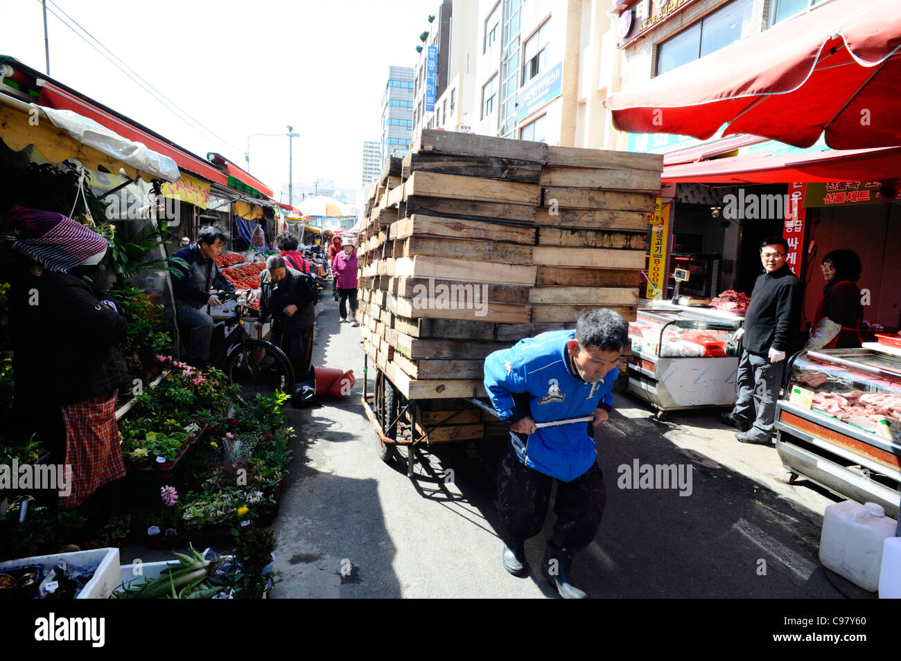 A man pulling a cart at Jagalchi Fish Market, Busan, South Korea. Stock Photo