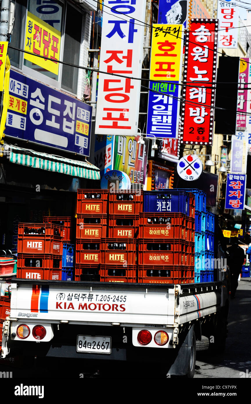 A truck delivering beer in Busan, South Korea. Stock Photo