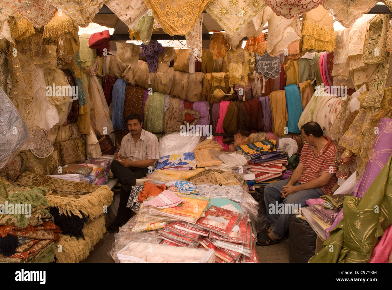 Linen vendor, Souk alAhad (Sunday Market), Beirut, Lebanon Stock Photo
