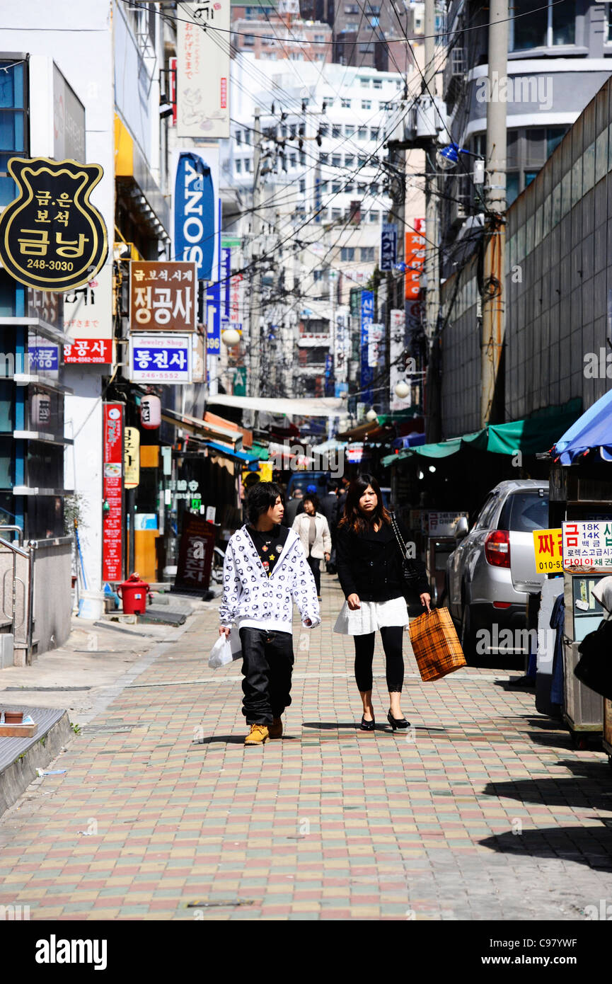 A narrow street in Busan, South Korea. Stock Photo