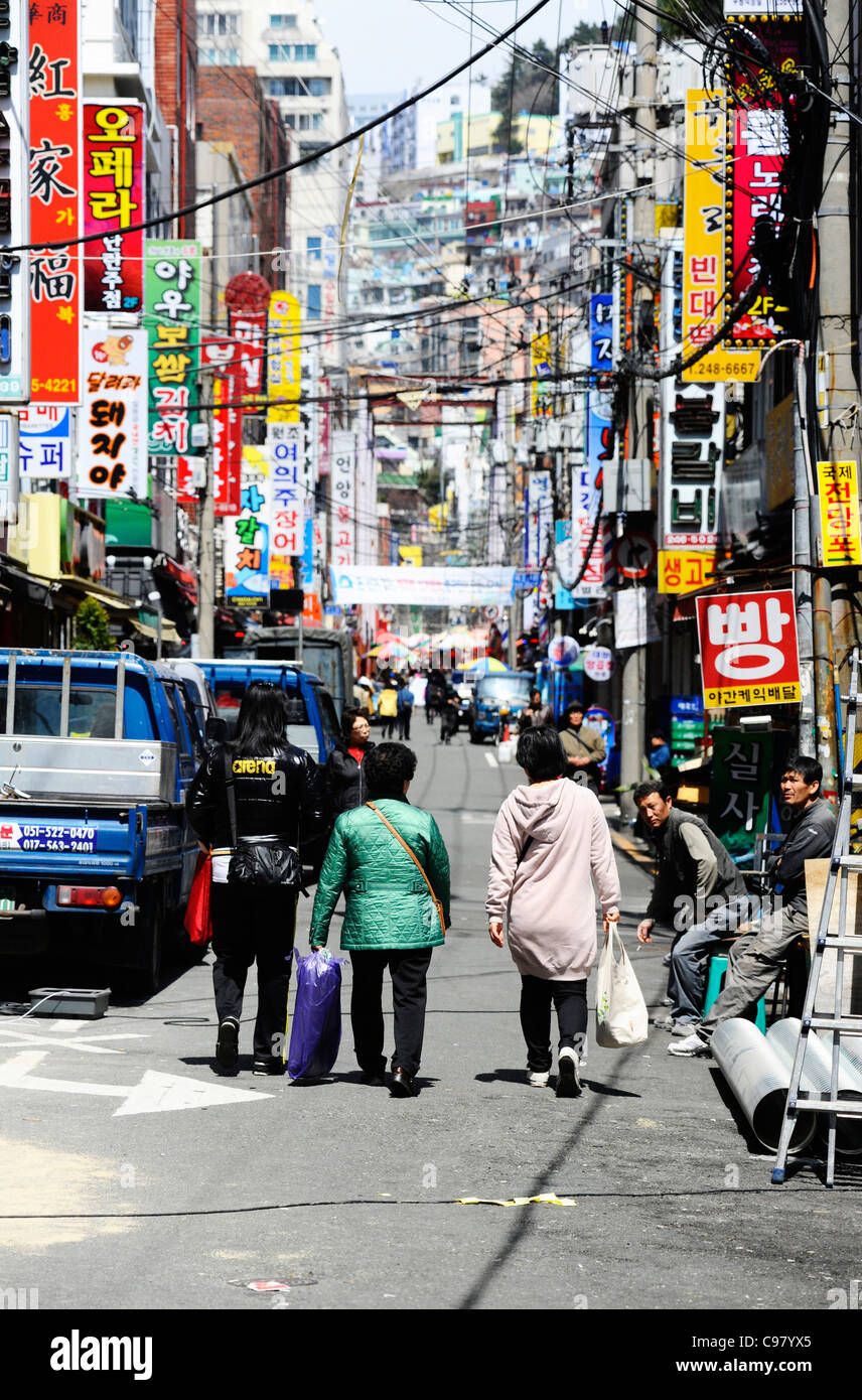 A busy street in Busan, South Korea. Stock Photo