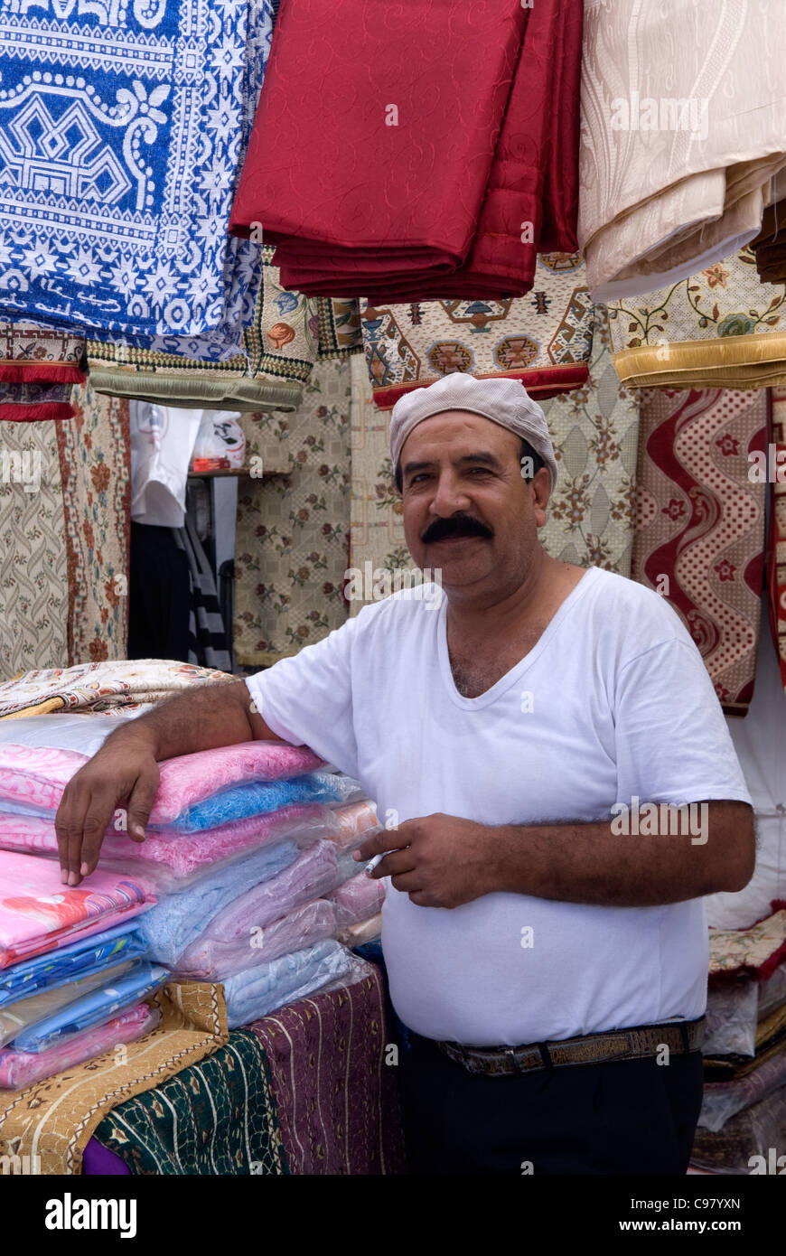 Linen vendor, Souk alAhad (Sunday Market), Beirut, Lebanon Stock Photo