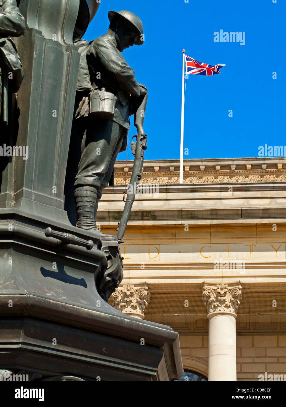 War Memorial and British Union Flag outside Sheffield City Hall in