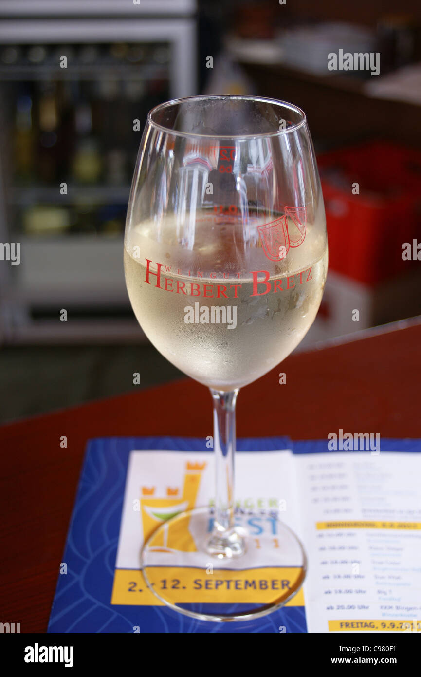 A glass of chilled Riesling white wine made by Herbert Bretz at the