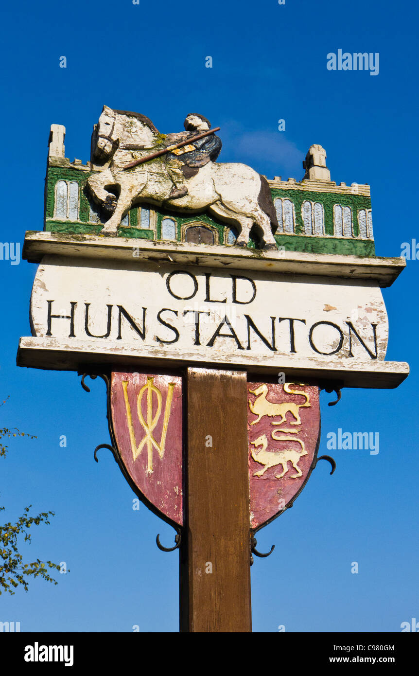 Village sign for Old Hunstanton on the North Norfolk coast. Stock Photo