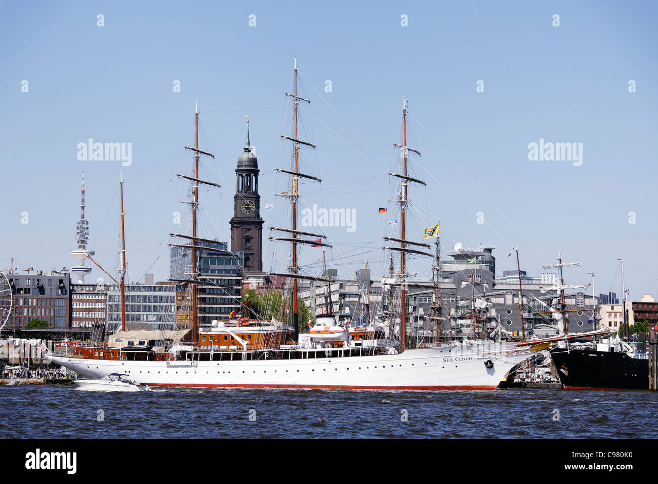 Luxury yacht SEA CLOUD II, lifestyle and maritime flair in the city and yacht port Hamburg Stock Photo
