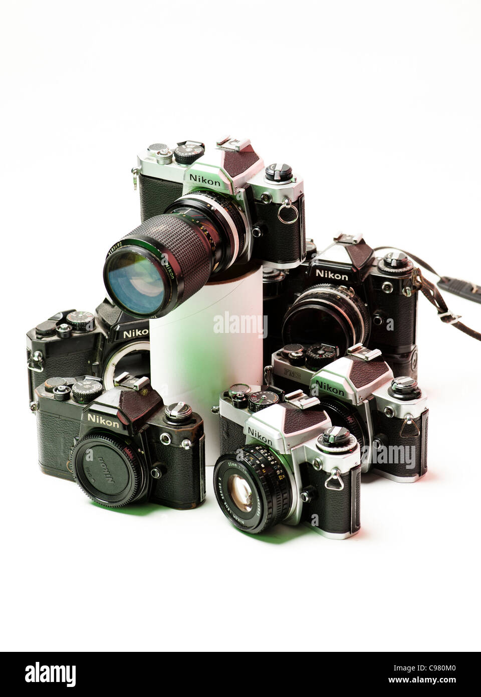 a selection of old Nikon 35mm film SLR single lens reflex cameras Stock Photo